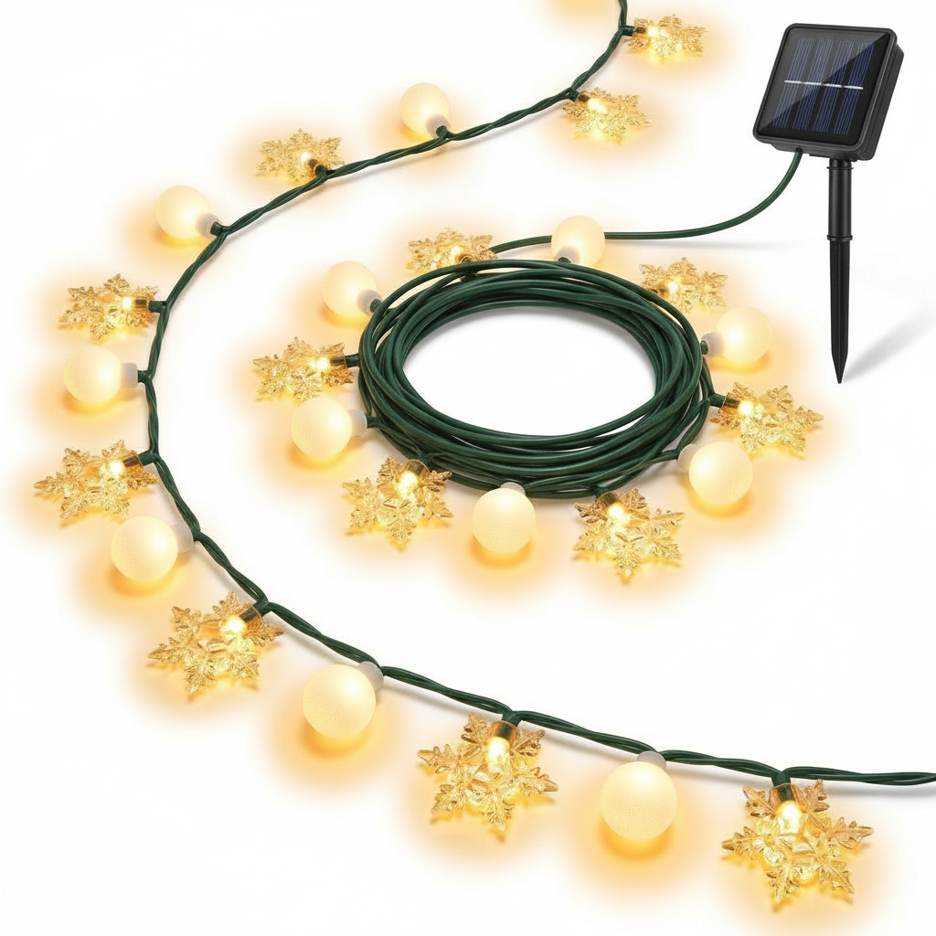 Guirnalda solar navidad 20 LED copos nieve esferas cable verde vista frontal