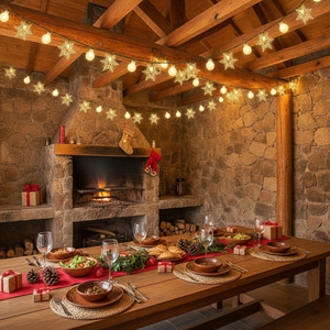 Guirnalda solar quincho chileno navidad copos nieve luz cálida decoración