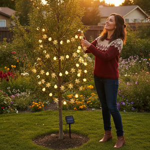 Mujer decorando jardín con luces solares navideñas copos nieve esferas
