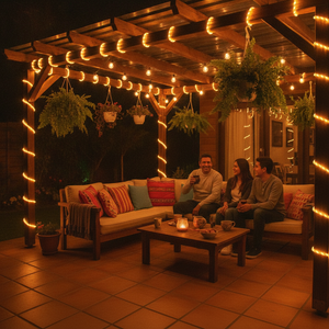 Luces solares terraza pérgola jardín chileno ambiente nocturno cálido