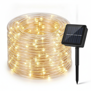 Manguera LED solar 20 metros 200 luces cálidas exterior vista frontal producto