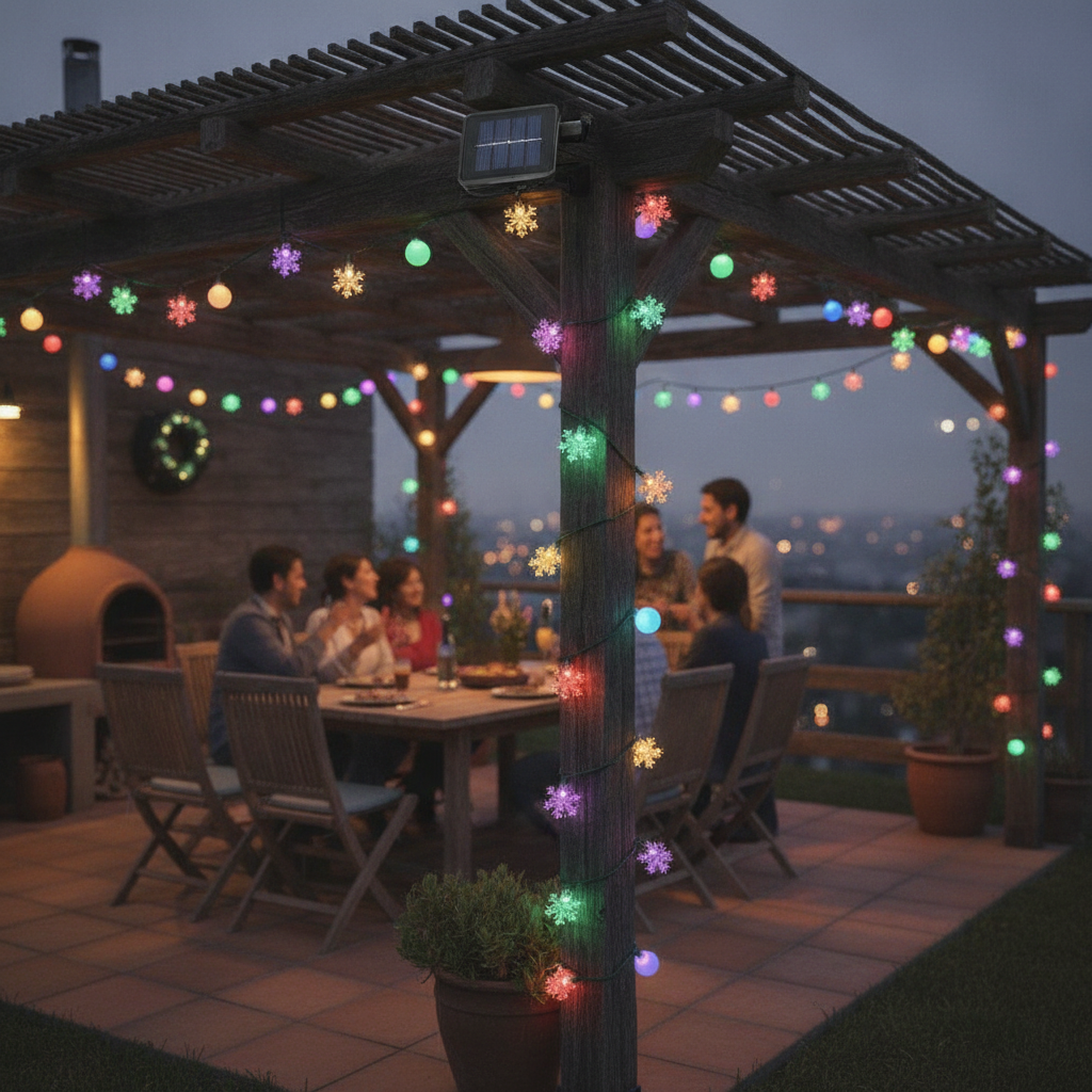 Luces solares navideñas multicolor decorando quincho terraza chilena exterior noche