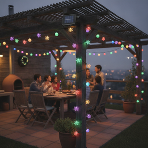 Luces solares navideñas multicolor decorando quincho terraza chilena exterior noche