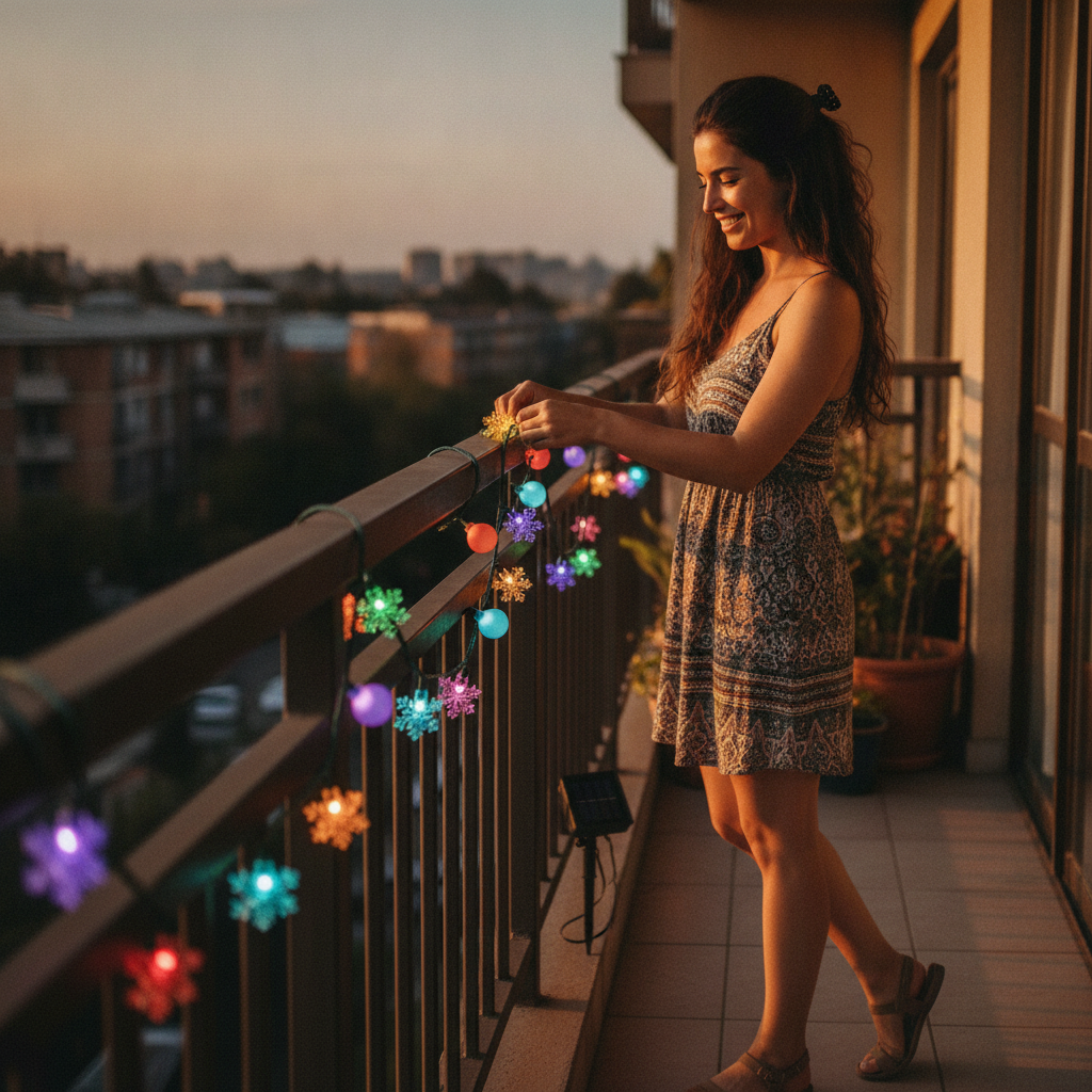 Mujer decorando terraza balcón con luces solares navideñas copos nieve esferas multicolor