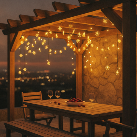 Luces guirnalda solar navidad terraza chilena exterior noche arbolitos LED