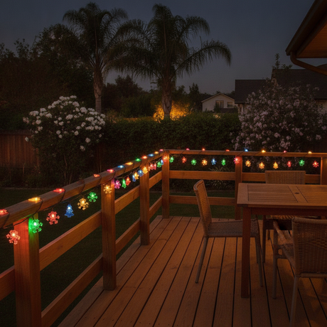Luces solares navideñas decorando terraza chilena noche multicolor exterior