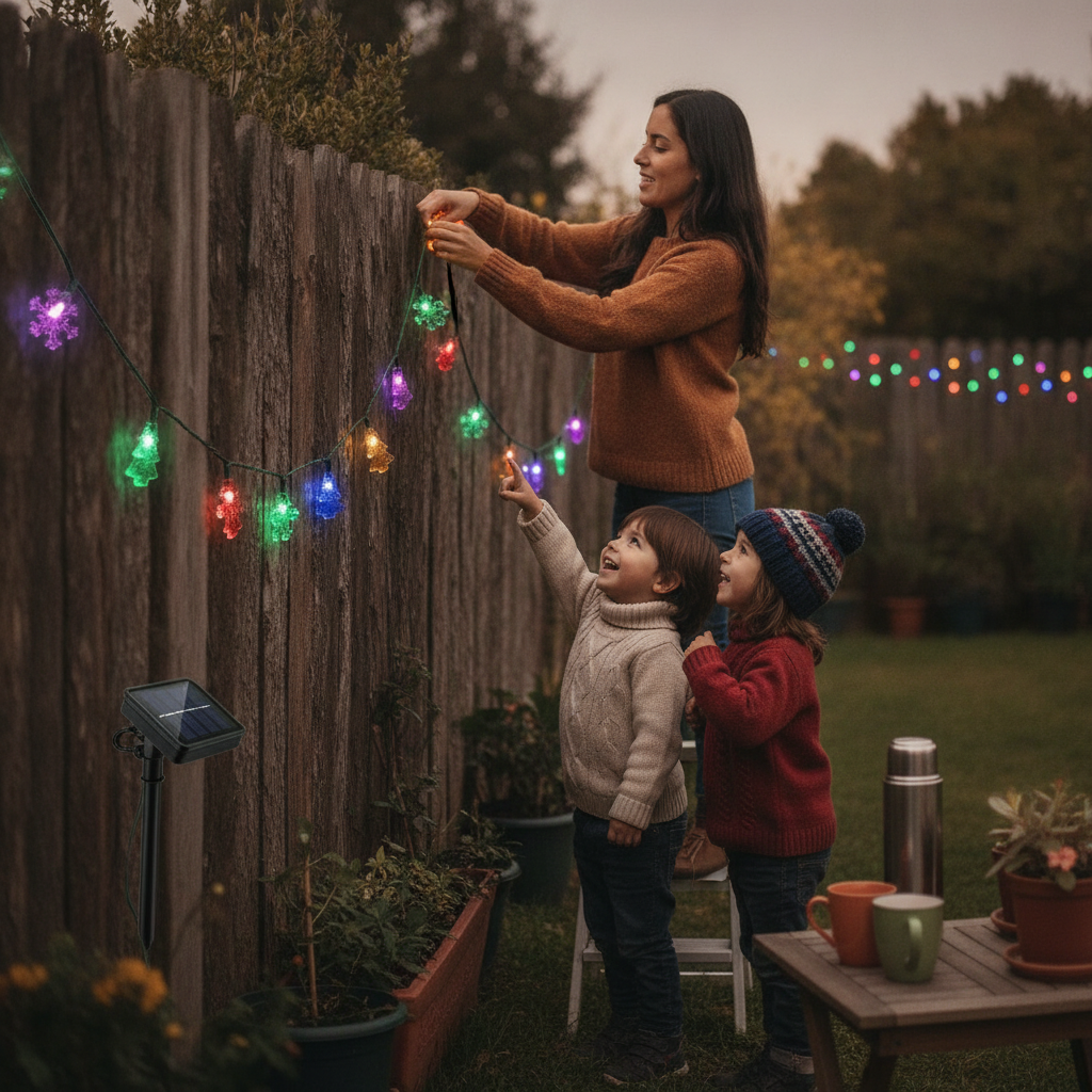 Familia chilena decorando jardín Navidad guirnalda solar luces multicolor