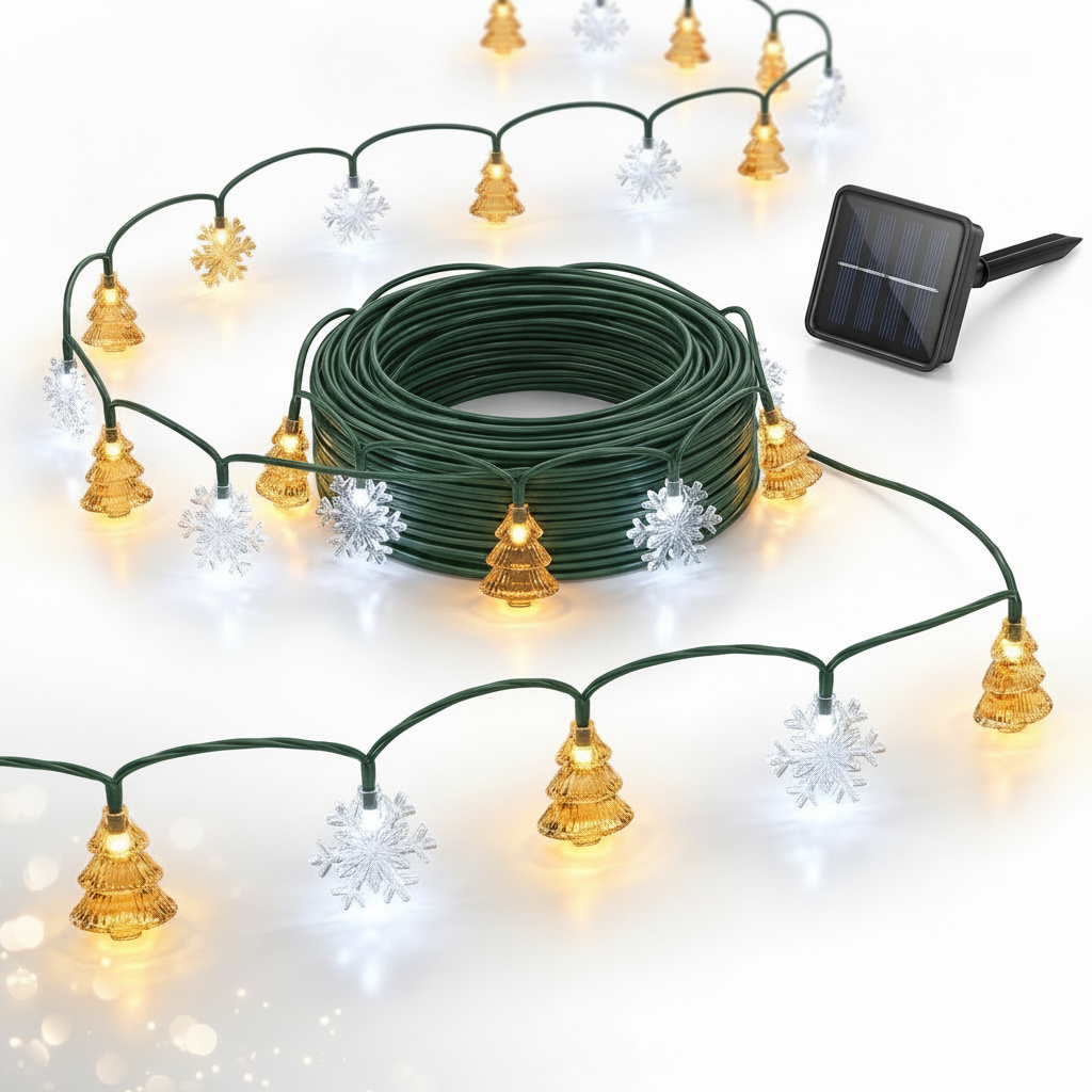 Guirnalda solar navidad 20 LED arbolitos copos nieve bicolor fondo blanco