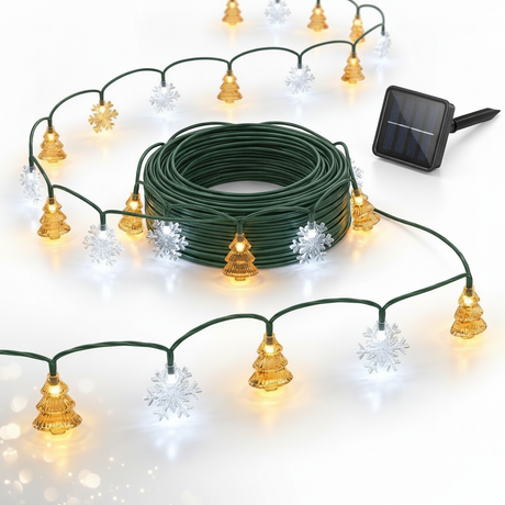 Guirnalda solar navidad 20 LED arbolitos copos nieve bicolor fondo blanco