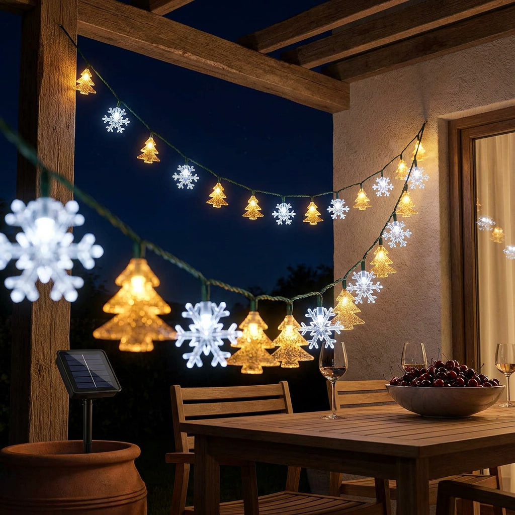 Guirnalda solar navidad terraza exterior hogar chileno noche luces LED
