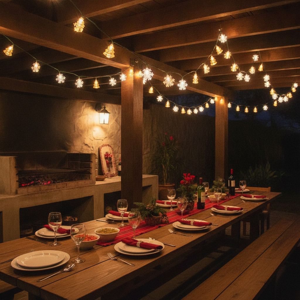 Luces navidenas solares quincho asado arbolitos copos decoracion festiva
