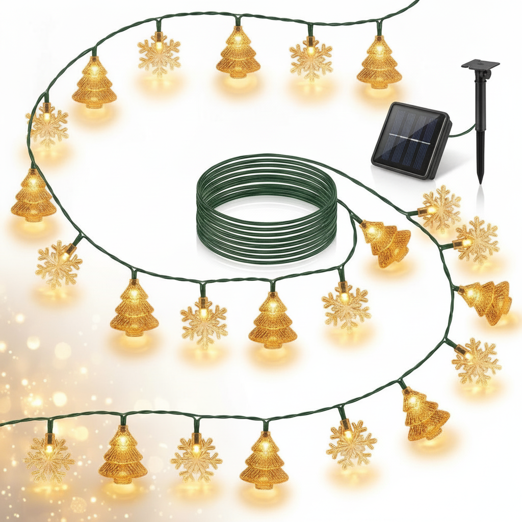 Guirnalda solar navidad 20 LED arbolitos copos nieve dorados vista frontal