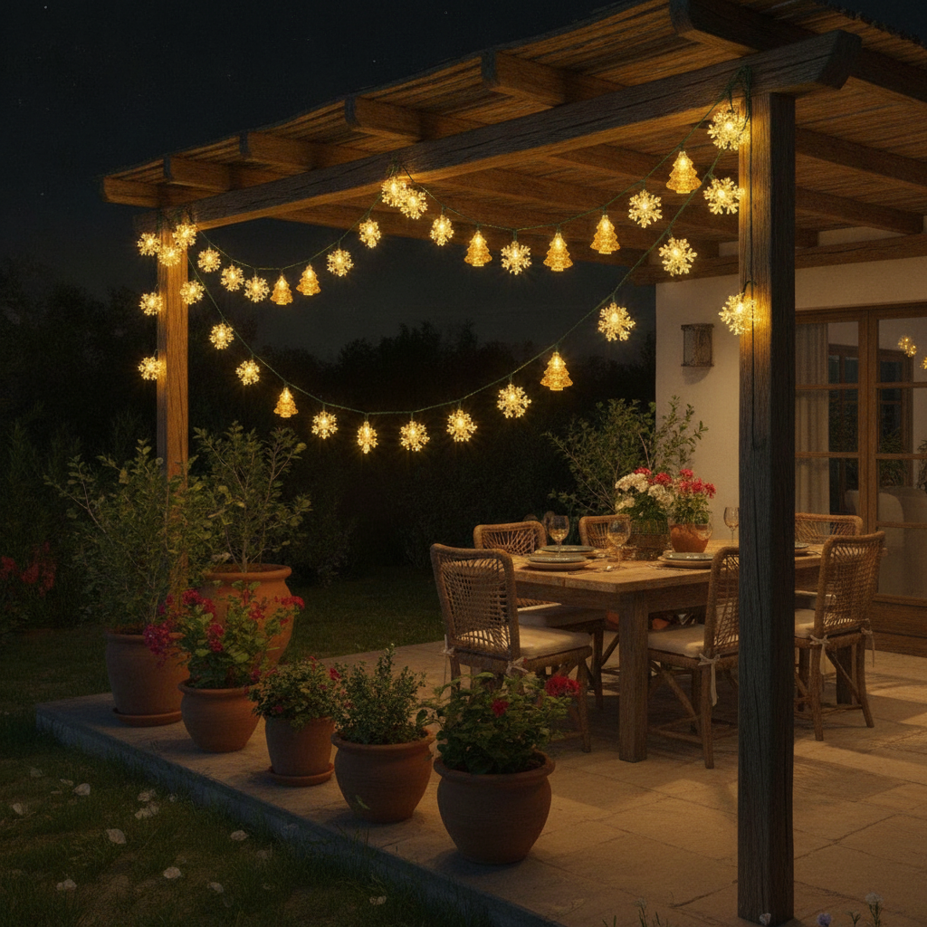 Guirnalda luces solares navideñas decorando terraza chilena nocturna luz cálida