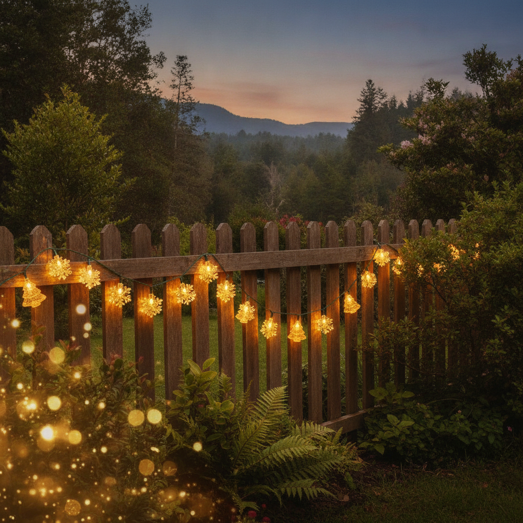 Luces navidenas solares arbolitos copos en quincho jardín exterior Chile