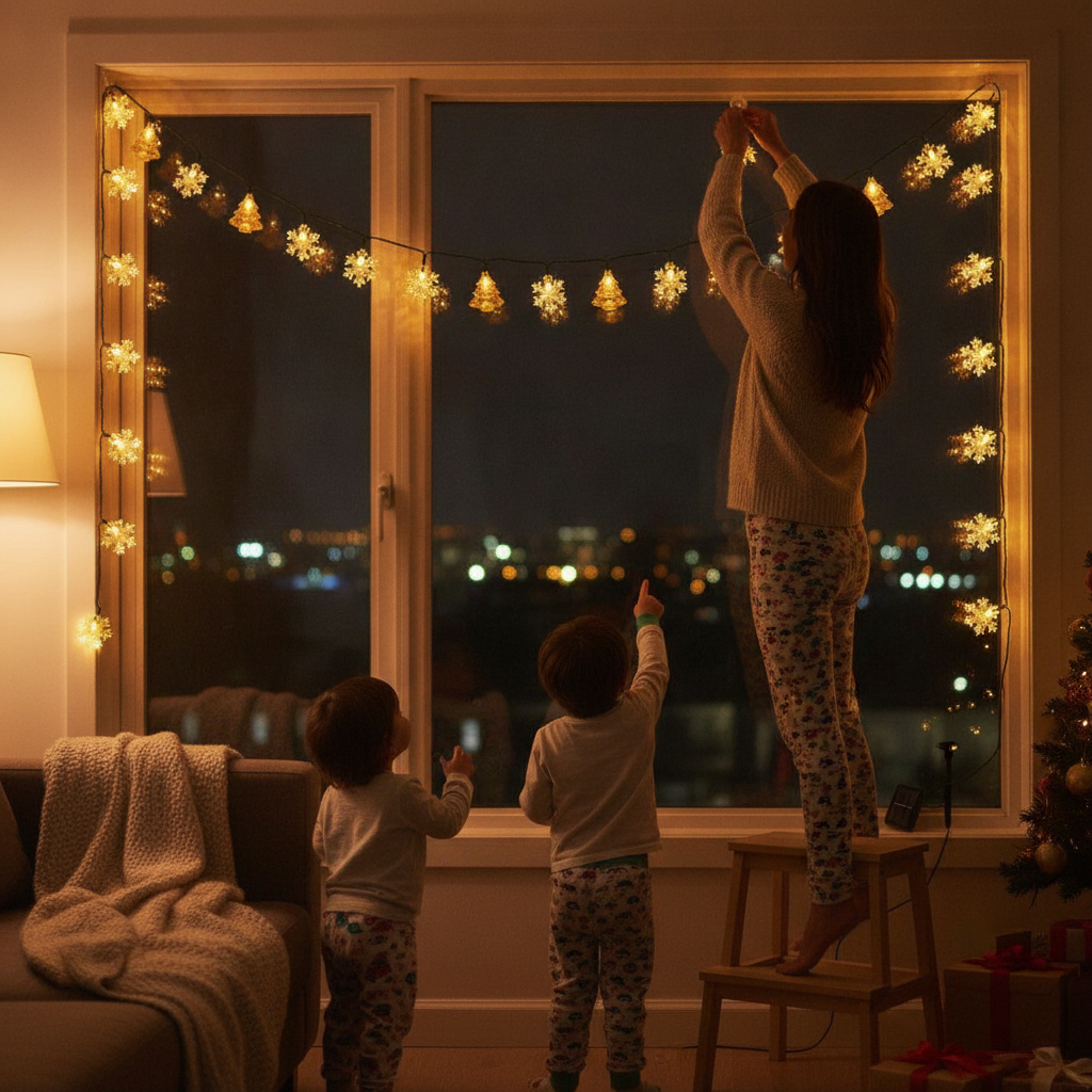 Familia chilena decorando living con guirnalda solar navidad luz cálida