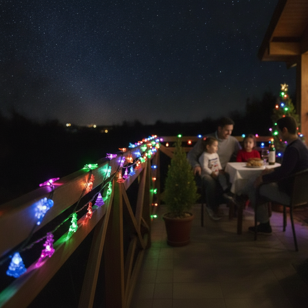 Luces navidenas solares renos multicolor decorando terraza chilena de noche