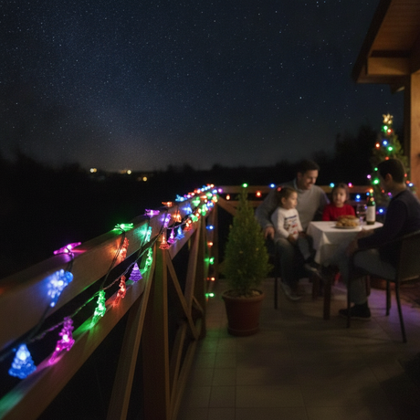 Luces navidenas solares renos multicolor decorando terraza chilena de noche