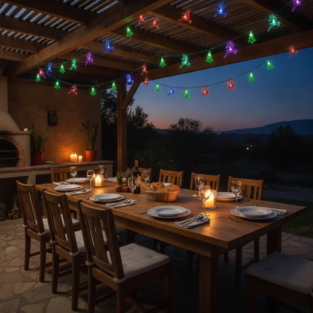 Guirnalda solar navidad arbolitos renos iluminando quincho chileno festivo