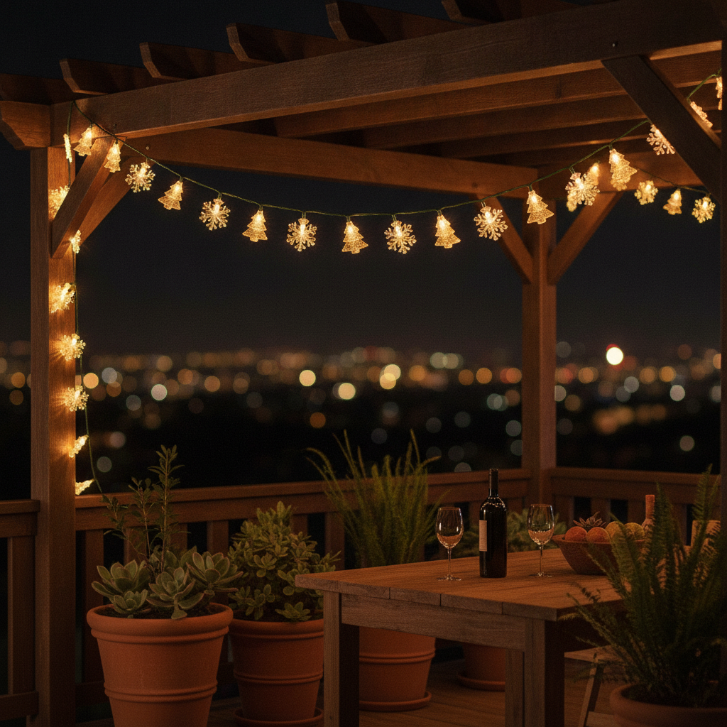Guirnalda luces solares navideñas decorando terraza exterior chilena nocturna