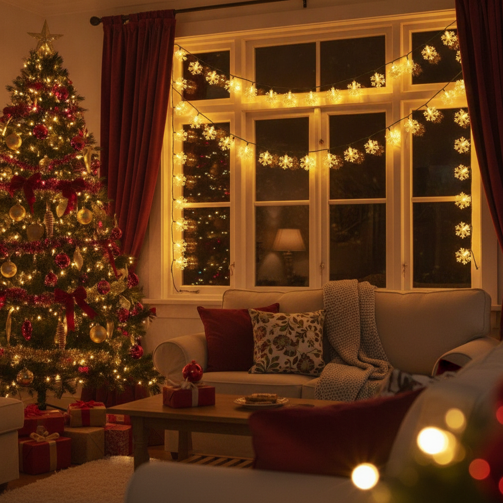 Luces navidenas solares copos nieve arbolitos decoracion living hogar chileno