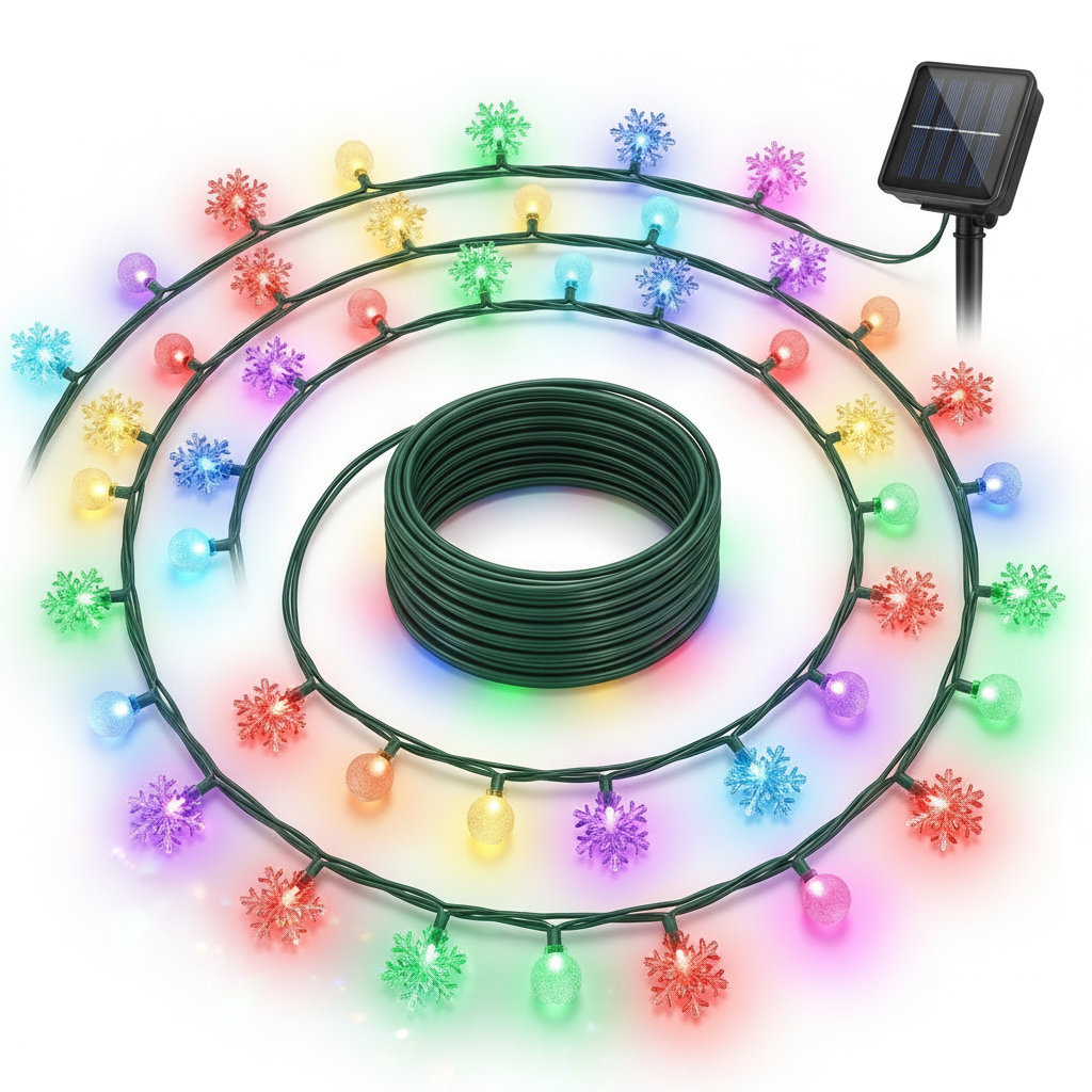 Guirnalda solar navidad copos nieve esferas multicolor 7.5m vista frontal