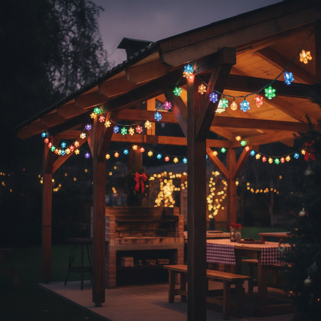 Guirnalda solar navidad decorando quincho chileno exterior Navidad