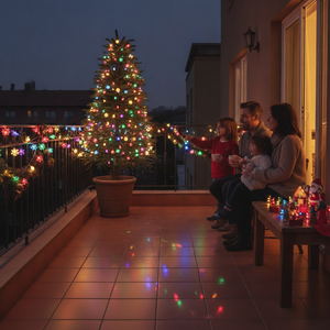 Luces solares navideñas multicolor en terraza chilena de noche
