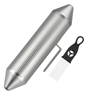 Guiro metalico torpedo plateado charrasca instrumento musical vista frontal con raspador