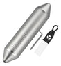 Guiro metalico torpedo plateado charrasca instrumento musical vista frontal con raspador