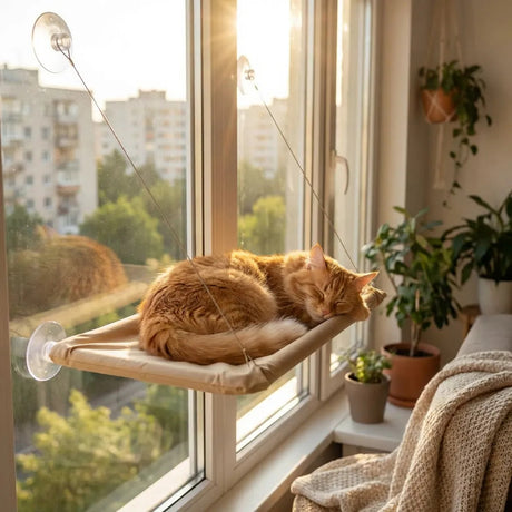 Gato descansando hamaca ventana departamento Santiago luz solar
