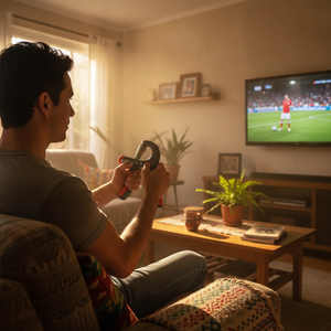 Hombre chileno usando ejercitador de mano en living de hogar chileno