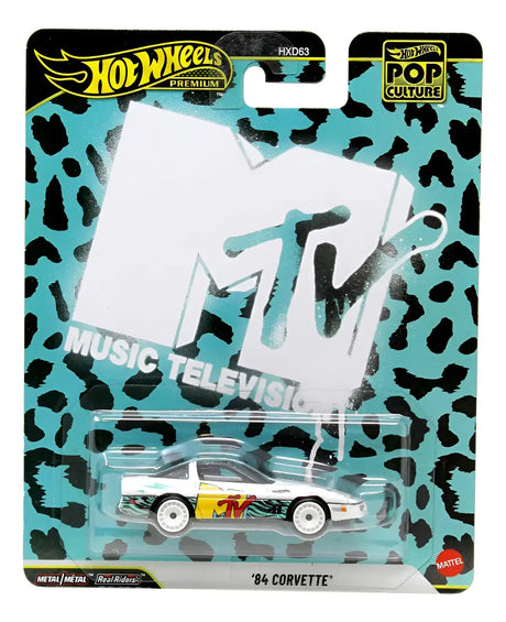 Hot Wheels Premium 84 Corvette MTV Pop Culture vista frontal en blister