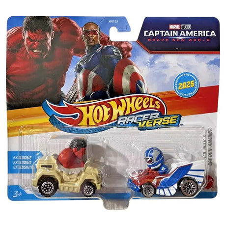 Hot Wheels RacerVerse 2025 set Red Hulk y Capitán América Brave New World vista frontal