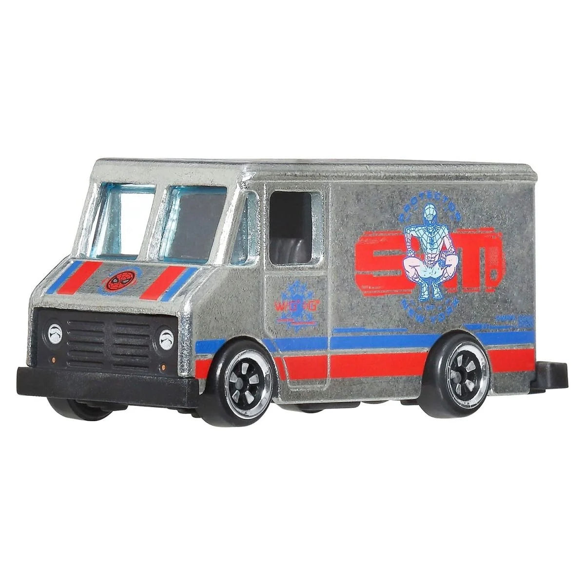 Furgón Combat Medic Hot Wheels Spider-Man acabado plateado lateral derecho