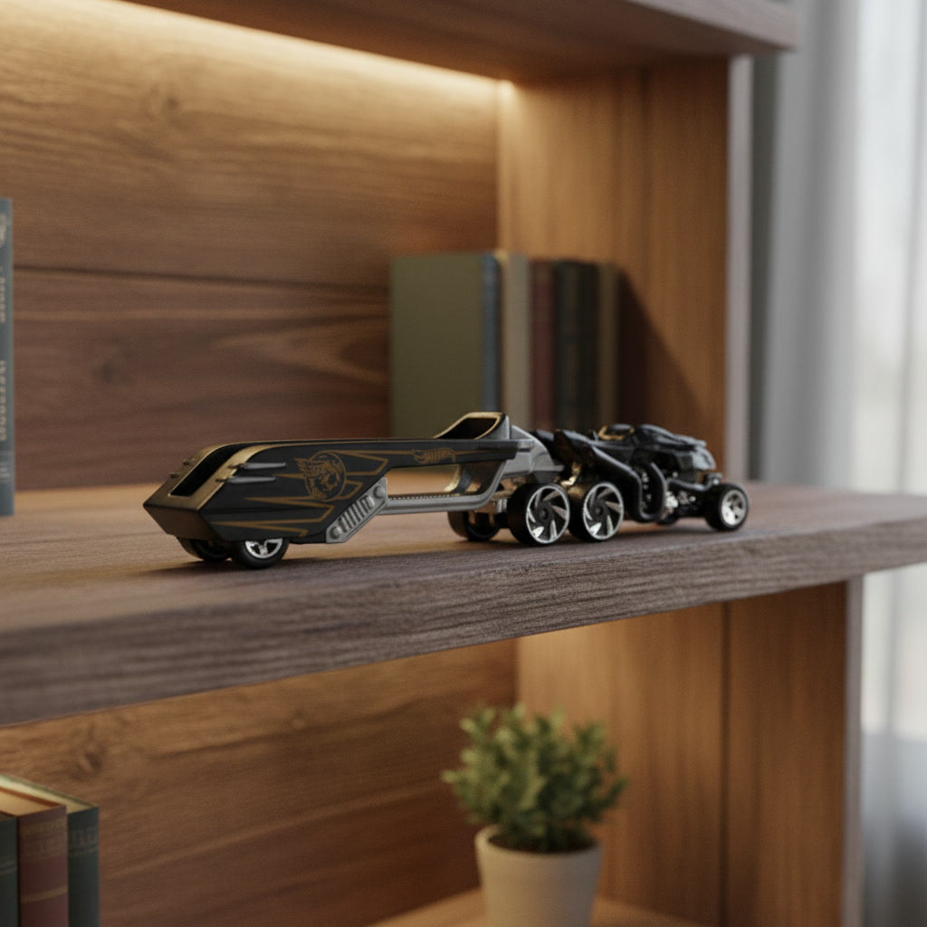 Set camion semirremolque y auto deportivo Hot Wheels Track Fleet negro cromado