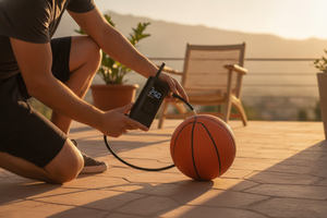 Persona usando bomba aire portátil inflar pelota básquetbol patio hogar