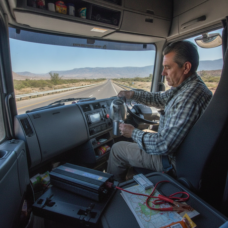 Inversor voltaje auto camioneta conectado batería carretera Patagonia viaje Chile