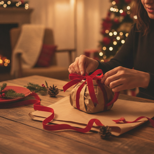 Jarra cerámica snowman como regalo navideño envuelta en papel kraft