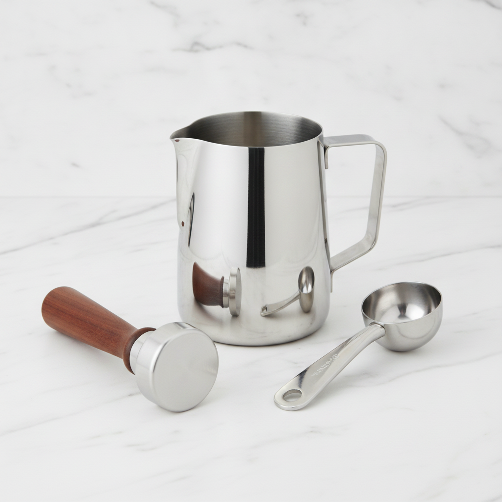 Barista casero chile usando jarra lechera acero latte art taza blanca