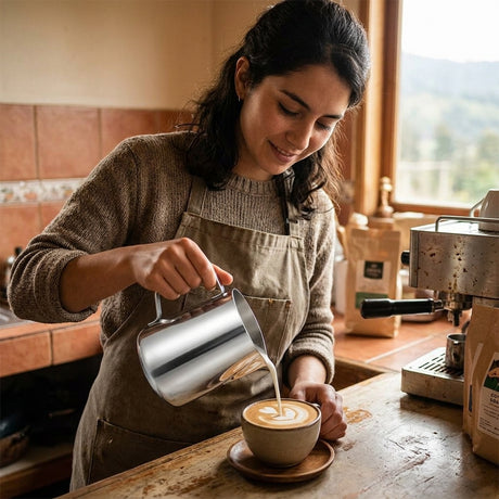 Jarro leche acero vertiendo espuma latte cocina chilena estilo de vida