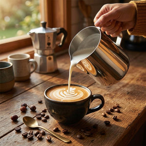Mujer barista preparando capuchino con jarra lechera acero 2000mL en casa