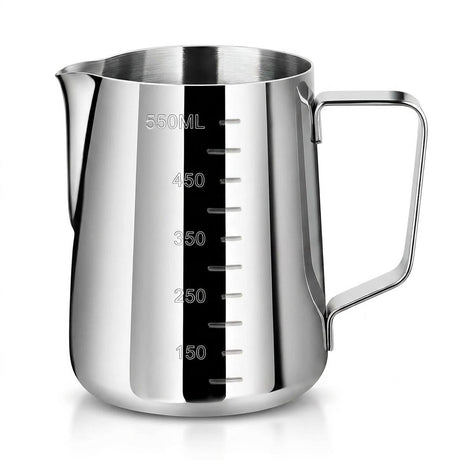 Jarra lechera acero inoxidable 550ml medidor barista vista frontal fondo blanco