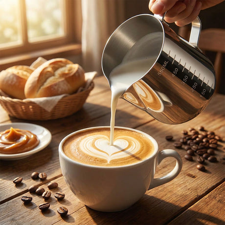 Jarra espumadora leche vertiendo en taza latte art cocina chilena hogar