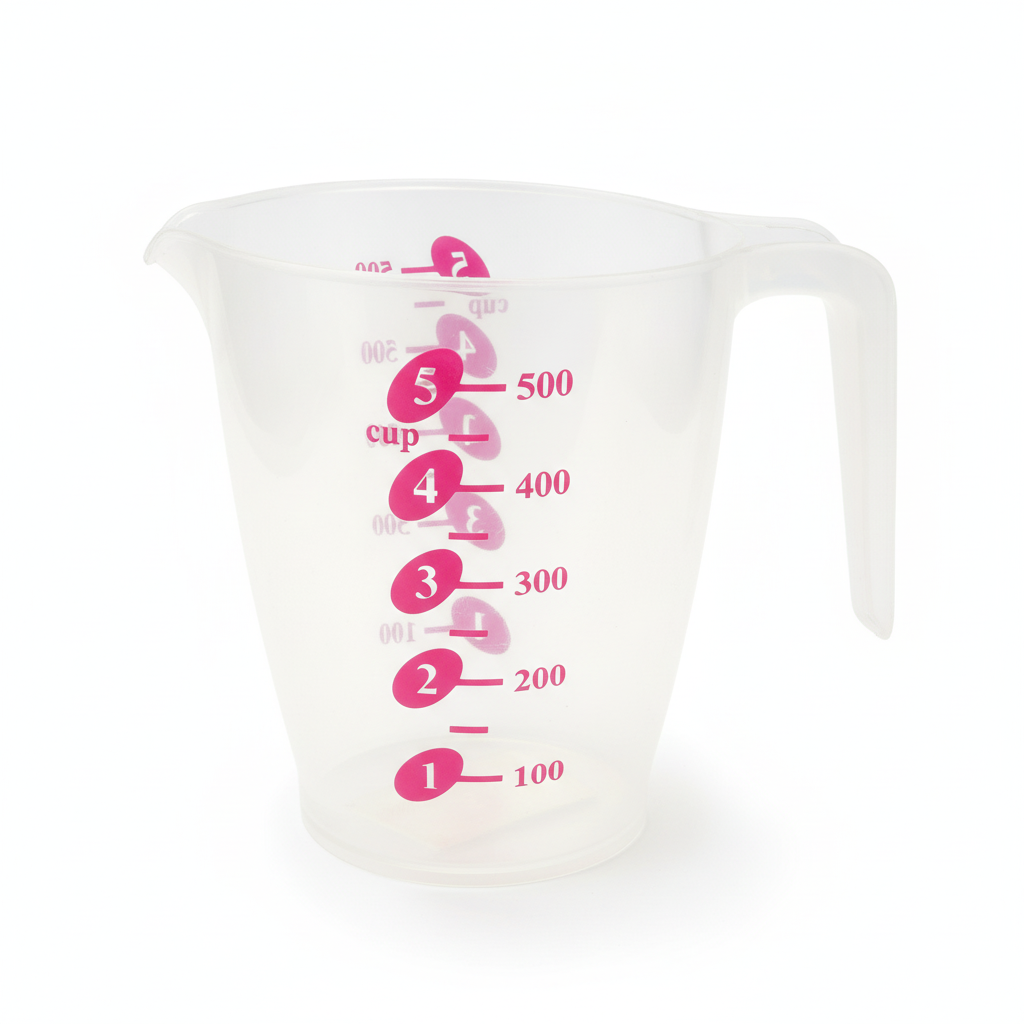 Jarra medidora plástico transparente 500ml escala graduada rosada vista frontal