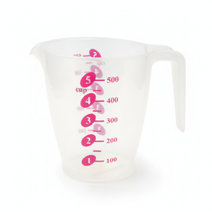 Jarra medidora plástico transparente 500ml escala graduada rosada vista frontal