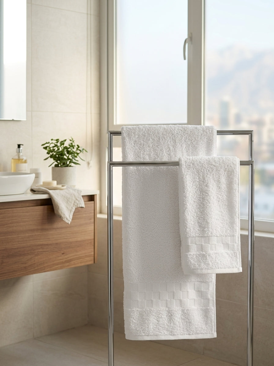 Mujer envuelta en toalla de baño blanca Martiné 70x140 cm hogar
