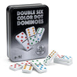 Juego de mesa dominó doble seis caja metálica vista frontal blanca