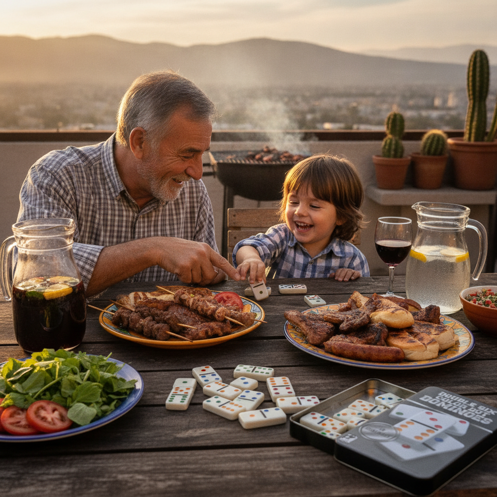 Familia jugando dominó con puntos de colores en asado chileno