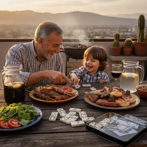 Familia jugando dominó con puntos de colores en asado chileno
