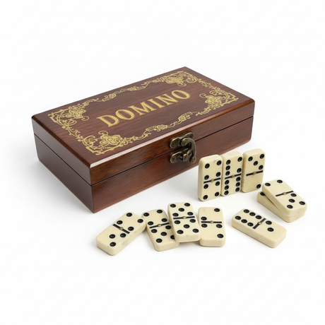 Set domino 28 piezas caja madera dorada vista frontal completo